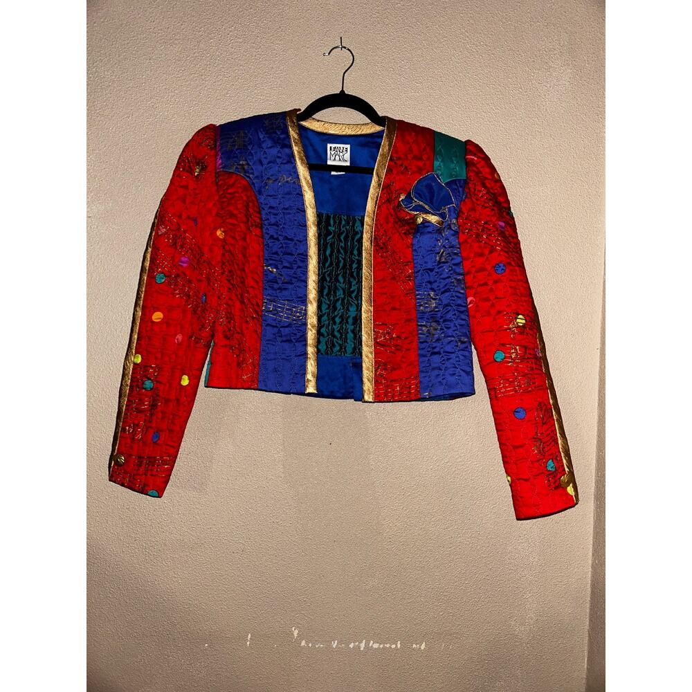 Jeanne Marc Vintage KidCore Artsy Edgy Colorful Quilted Music Notes Silk Jacket
